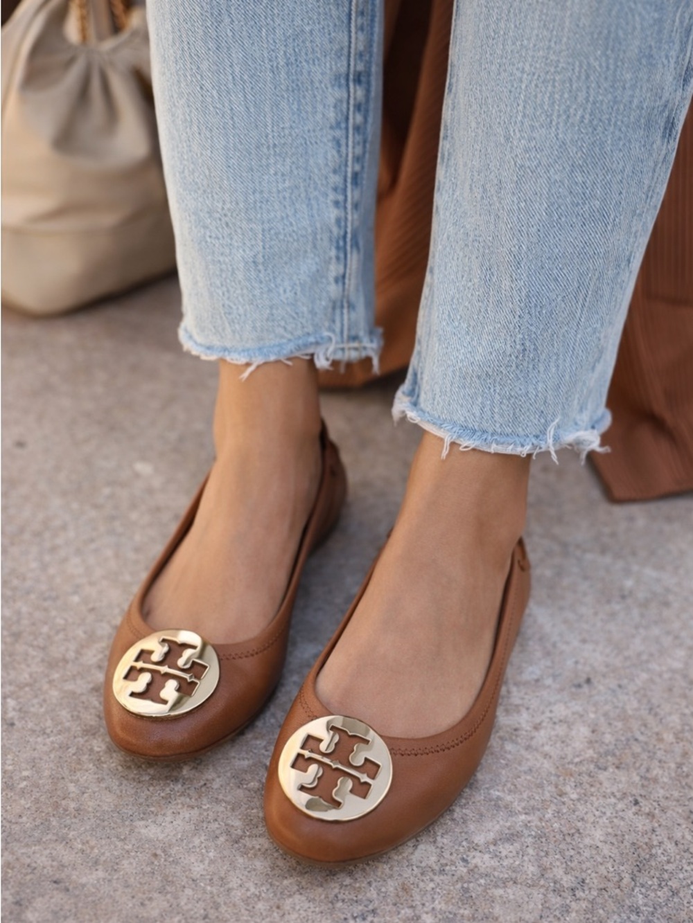 Tory Burch Minnie Travel Ballet Flats Royal Tan/Gold Size 7.5